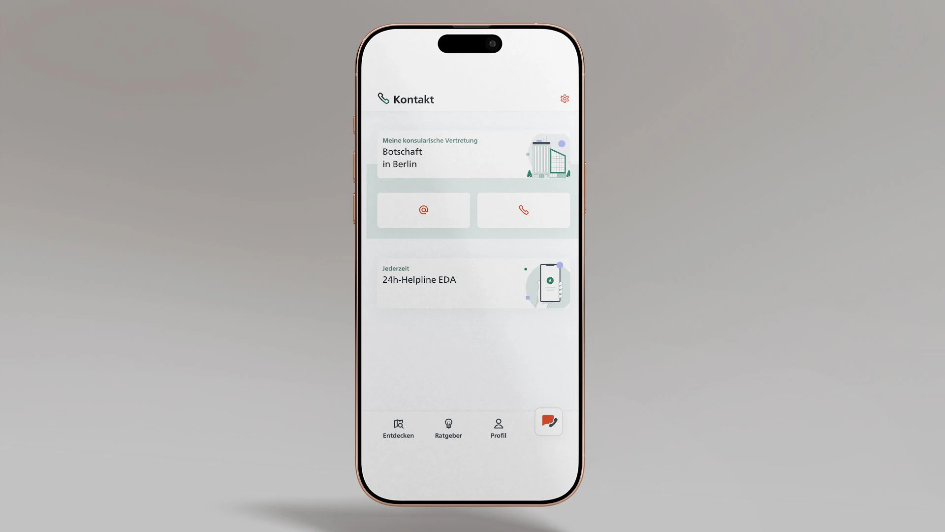 Das Bild zeigt ein Smartphone, auf dem die Seite «Kontakte der Vertretung» der App SwissInTouch geöffnet ist.