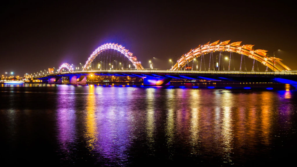 The Da Nang Dragon Bridge at night.